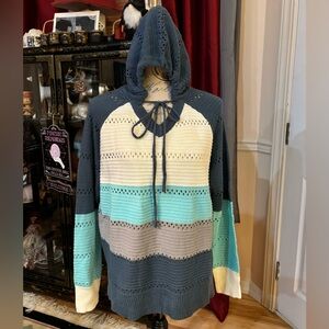 Unbranded Striped Color Block Hooded V Neck Crochet Sweater